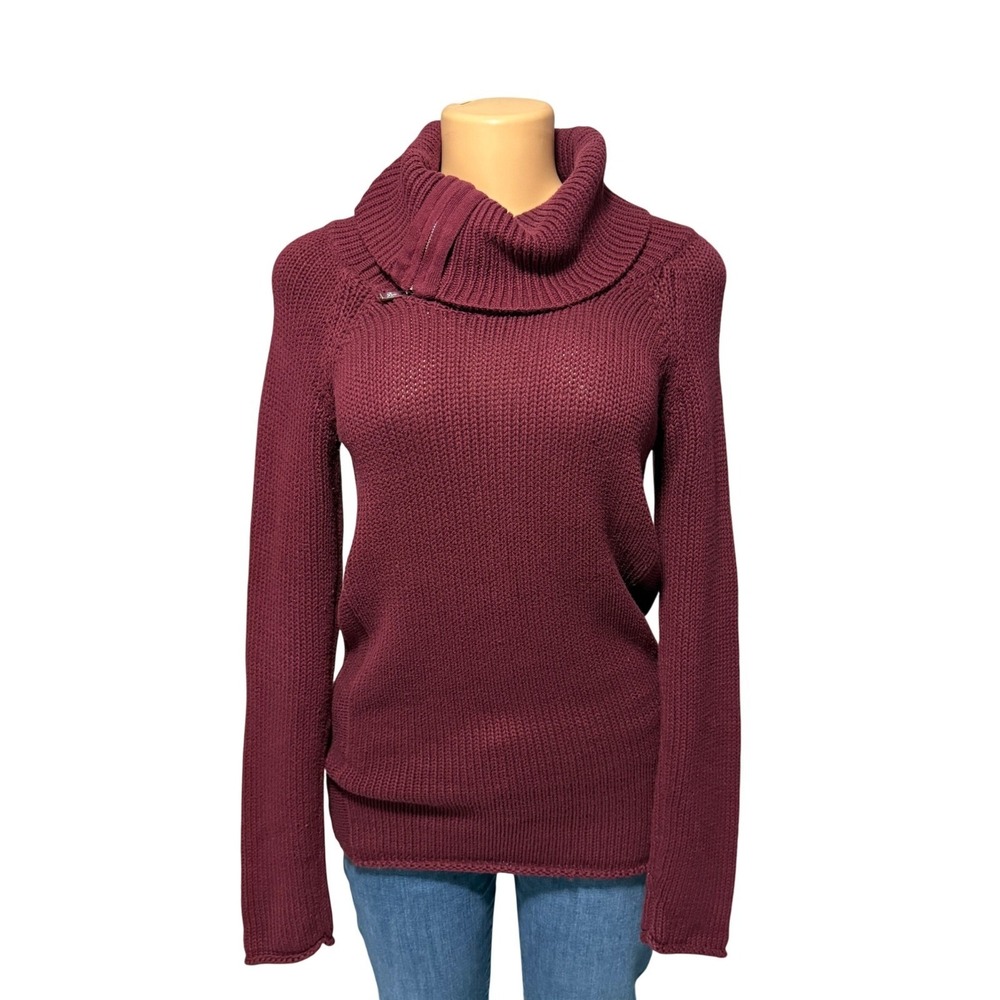 Guess Burgundy Ribbed Knit Zipper Collar Sweater Extra Small XS